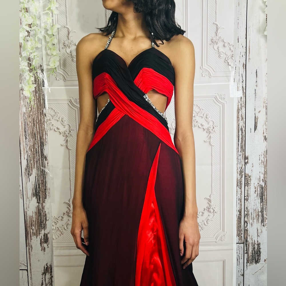 Rare custom Prom dress black and red sheer with train size 4